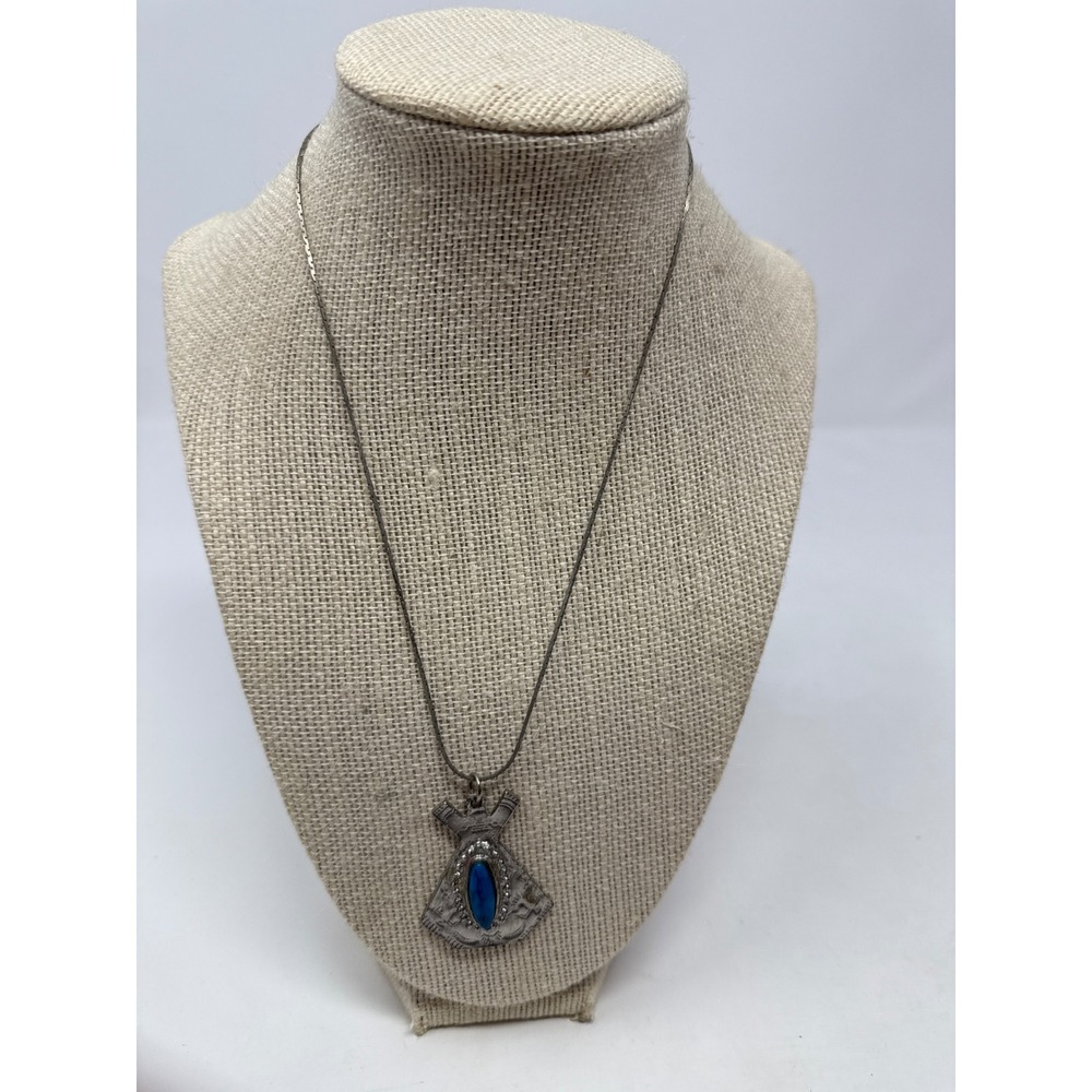 Native‎ American Inspired Teepee Pendant Necklace Blue Stone Silver Tone